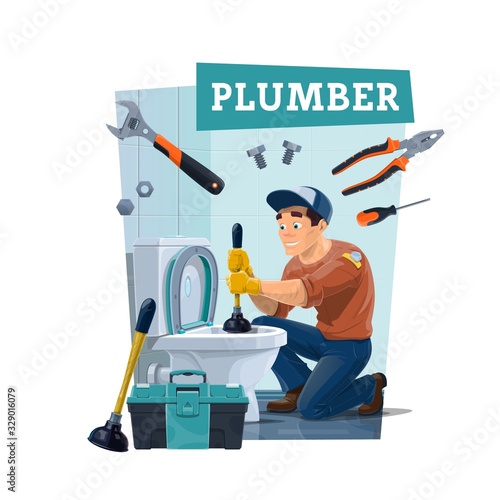 Plumber cleaning toilet with plunger, wrench and work tools, home sewage pipeline maintenance. Plumber man, emergency plumbing repair service, cartoon vector handyman worker with toolbox