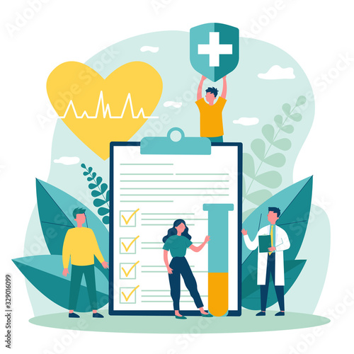 Patients and doctor advertising health insurance. People presenting medical checklist. Vector illustration for healthcare, protection, security, medical service concept
