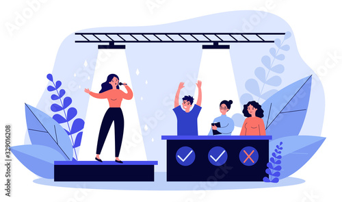 Woman signing at talent show flat vector illustration. Future celebrity singer standing on scene or stage in front of jury assessing her. Competition and television contest concept.