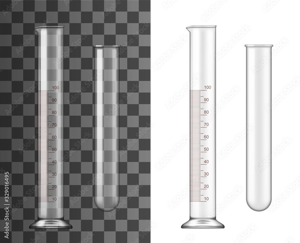 Glass test tubes, chemistry realistic flasks isolated 3d vector. Transparent empty glassware