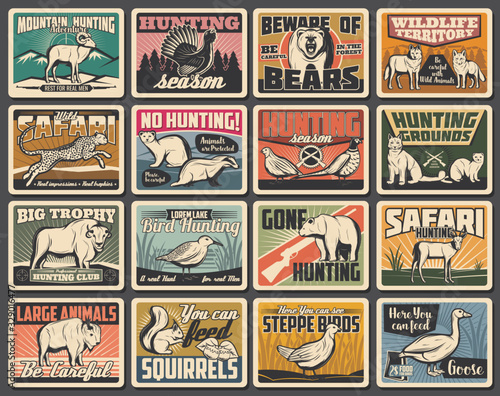 Hunting and wild animals retro posters or cards. Open season vector trophy bear, buffalo, grouse fowl and cheetah, wolf, fox and badger, antelope, woodcock, pheasant and goose, blackcock