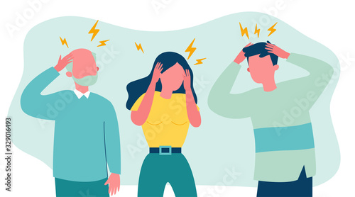 Stressed people suffering from headache, holding head. Sad men and woman tired of their migraine. Vector illustration for pain, depression, stress, healthcare, sickness, disease concept