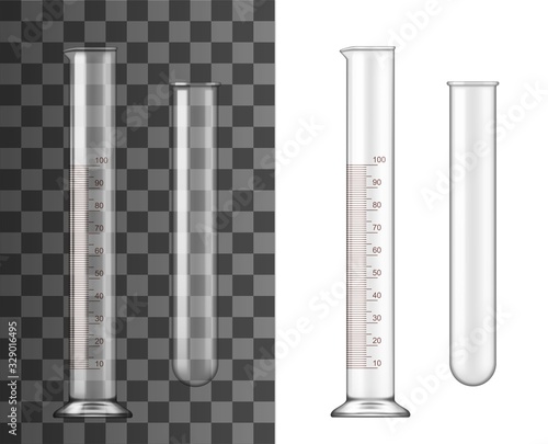 Glass test tubes, chemistry realistic flasks isolated 3d vector. Transparent empty glassware with capacity volume measure lines for chemical or medical laboratory, test tubes template, icon