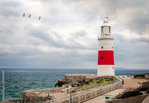 The Europa Point Lighthouse. It is based on the southeastern tip of the British Overseas Territory of Gibraltar at the entrance to the Mediterranean Sea.