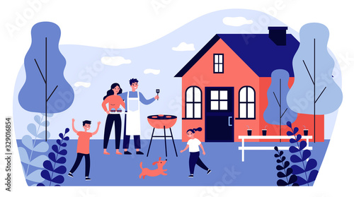 Happy family doing barbecue at garden flat vector illustration. Mother and father cooking outdoor near house. Kids playing with dog at backyard. BBQ party and weekend concept