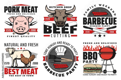 Barbeque meat, bbq icons, isolated vector signs with pork, chicken, mutton and beef sausages on grill. BBQ party symbols hamburger, butchers hat, turner and fork on grilling machine, fastfood