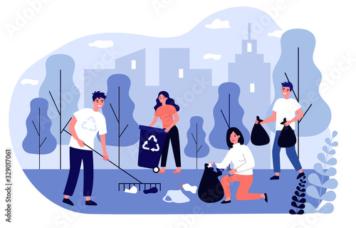 Happy volunteers collecting garbage in city park flat vector illustration. People cleaning environment nature in team. Ecology and clean planet concept