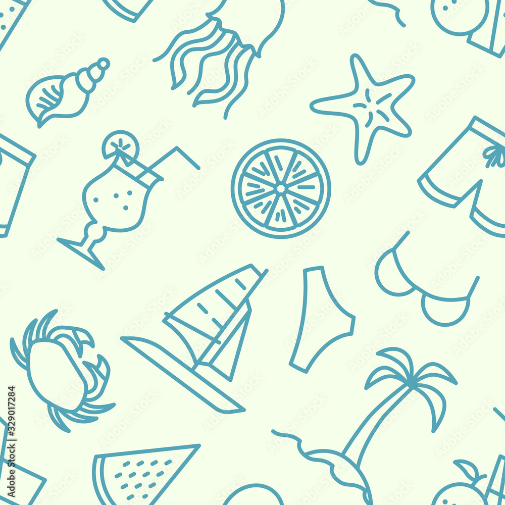 Obraz premium Beach travel icons pattern. Summer accessory seamless background. Seamless pattern vector illustration