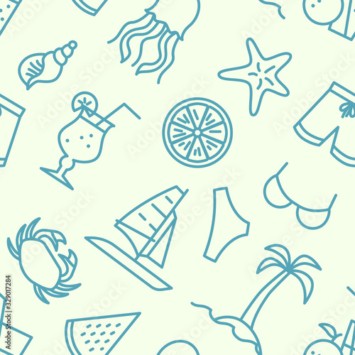 Beach travel icons pattern. Summer accessory seamless background. Seamless pattern vector illustration