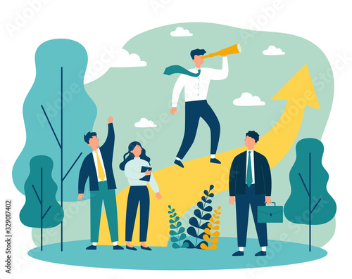 Group leader with spyglass looking far away. Business team standing near increase chart. Vector illustration for leadership, challenge, training, planning concept