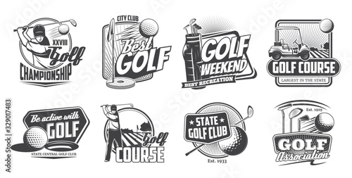 Golf sport and players isolated vector icons set. Golf club association, courses and championship monochrome badges, symbols with equipment and game items, golfer on field with ball and cart labels