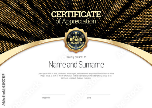 Original certificate template. Against the backdrop of a stylish flash of gold sparkling from the center on a black background. Diploma of modern design. Quality look. Vector illustration