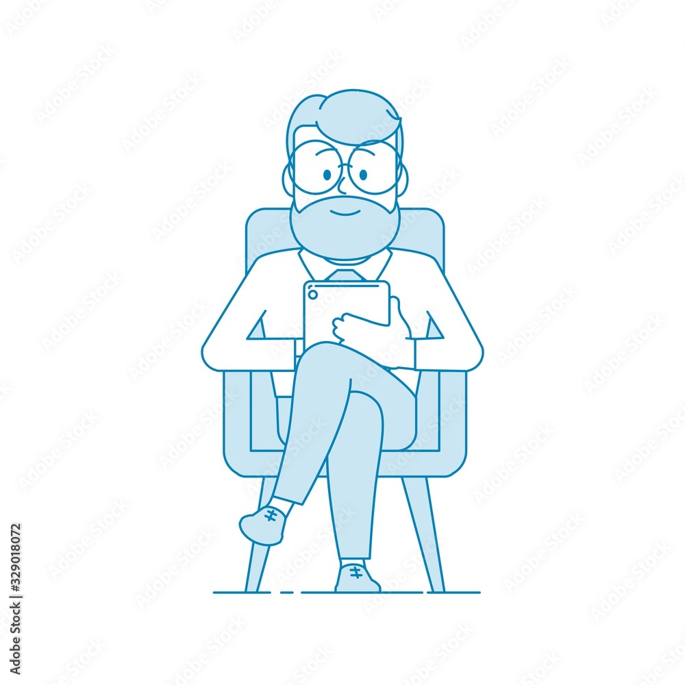Smiling man sitting in a chair and looking at a tablet computer. Reads news, a book or does business. Character - a man in glasses and with beard. Office worker. Illustration in line art style. Vector