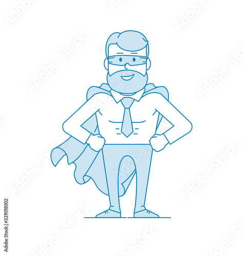 Male office worker in a superhero costume. Concept of a leader or company leader. Character - a man with a beard and glasses. Illustration in line art style. Vector