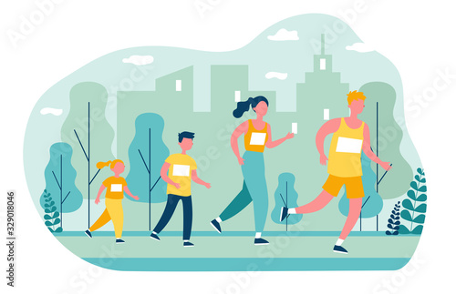Family jogging in city park. Parents and kids running marathon. Vector illustration for lifestyle, outdoor activity, sport, leisure, fitness concept