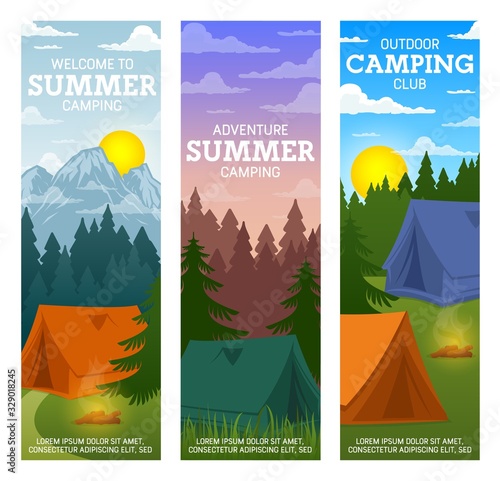 Summer camp vector banners, camping adventure club with tents and campfire on mountain and forest landscape background. Hiking, climbing and trekking outdoor tourism activity