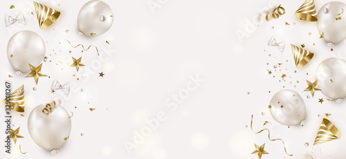 Flat lay decorations for birthday background. Air balloons, party hats,serpentine, golden confetti on a white.Top view.Horizontal banner for social networks,holidays invitation, promotion. Vector.
