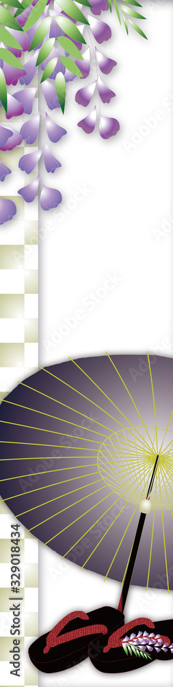 藤の花と紺色の番傘に赤い鼻緒の下駄のイラスト格子柄の短冊型バナー素材 Stock Illustration Adobe Stock