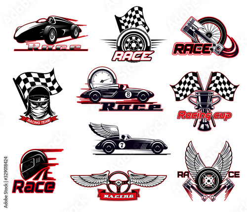Car race, motor racing isolated vector icons set. Motorsport and racing sport club emblems. Sportcar bolid with burning flame and wings, speedometer and engine valve, rally race start flag