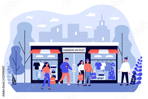Consumers shopping in apparel boutique flat vector illustration. Happy people walking on city street near fashion store, mall, or shop. Retail and fashion outlet concept