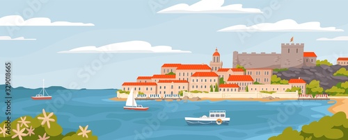 Beautiful European town on summer sea coast vector graphic illustration. Natural panoramic landscape view sky, water, city houses, ships and boats amazing seascape