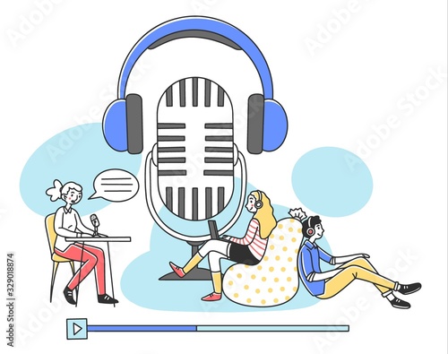 People listening radio podcast online flat vector illustration. Speaker sitting and talking to microphone and listeners listening via headset. Broadcasting and technology concept