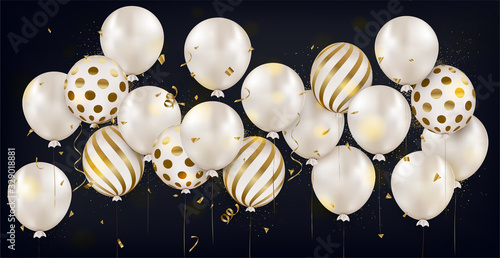 Panoramic horizontal banner with white air balloons,gold confetti on black background. Happy Birthday greeting card. Anniversary. Concept for web banner, social networks, promotional sales.Vector.