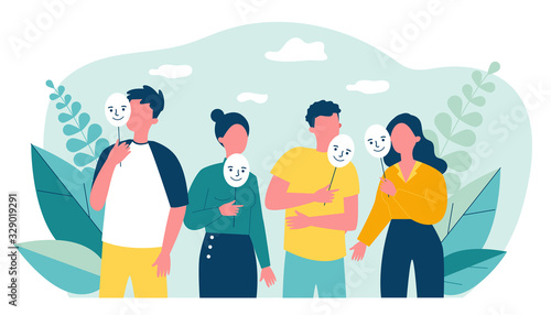 Depressed guy and girls holding positive masks on sticks. Sad people covering unhappy faces. Vector illustration for emotion, personality, psychology, disguise concept