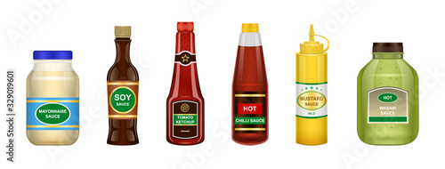 Sauce of bottle vector illustration isolated on white background .Realistic set icon sauce for bbq . Bottle seasoning realistic set .