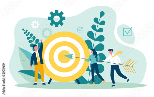 Businesspeople driving arrow to goal. Successful professional team hitting target. Vector illustration for challenge, aim, achievement, teamwork, business, marketing concept
