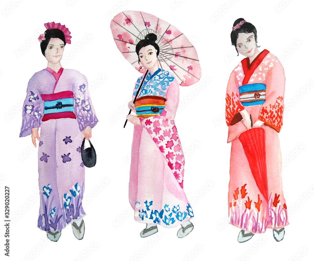 Watercolor hand drawn illustration design of girl woman in kimono traditional japanese asian dress clothes of red pink violet purple colors with sakura floral ornament. Ceremony in japan china, ladies Watercolor hand drawn illustration design of girl woman in kimono traditional japanese asian dress clothes of red pink violet purple colors with sakura floral ornament. Ceremony in japan china, ladies