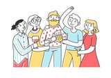 Friends drinking alcohol at party flat vector illustration. Happy teenager characters smiling, clinking of glasses and rousing cheers together. Celebrating and friendship concept