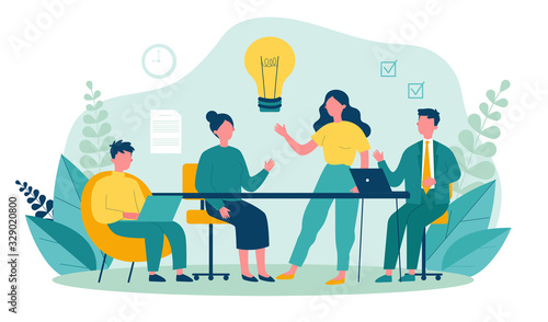 Business team working together, brainstorming, discussing ideas for project. People meeting at desk in office. Vector illustration for co-working, teamwork, workspace concept