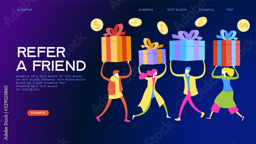 People receive a gift box. Web baner for landing page. Refer a friend. Online reward concept. Digital referral program. Template, homepage, poster, ui, coupon, flyer. 3d isometric vector.  Web baner