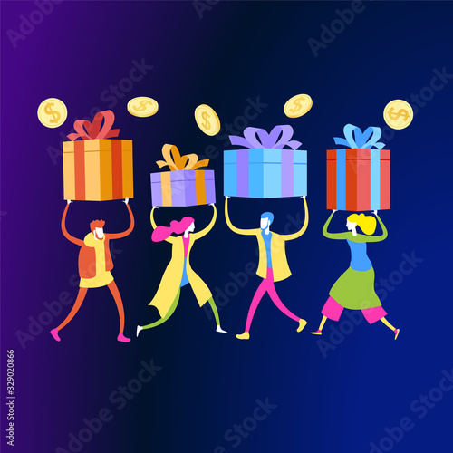 People receive a gift box. Web baner for landing page. Refer a friend. Online reward concept. Digital referral program. Template, homepage, poster, ui, coupon, flyer. 3d isometric vector.  Web baner