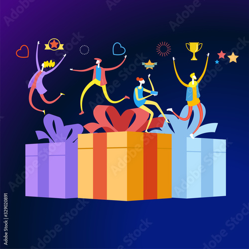 People receive a gift box. Web baner for landing page. Refer a friend. Online reward concept. Digital referral program. Template, homepage, poster, ui, coupon, flyer. 3d isometric vector.  Web baner