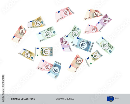 Flying Euro banknotes set. Isolated on background. Cash of different nominal value. Vector illustration on the topic of finance.