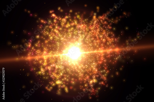 Explosion from light particles. Complex vector illustration.