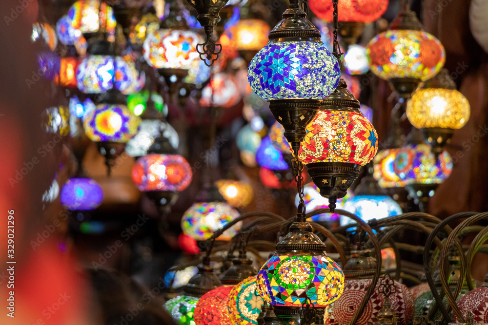 Colorful turkey mosaic glass lamps at the market in palma, mallorca, spain