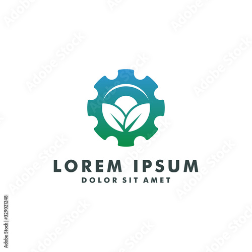 gear natural leaf farm logo design template vector illustration