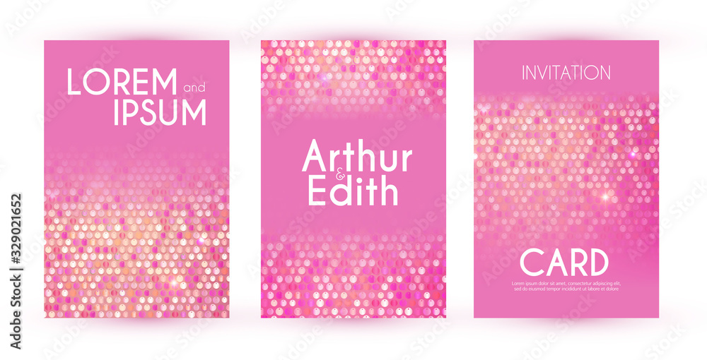 Colorful shining sequins flyer design template set. Abstract poster collection.