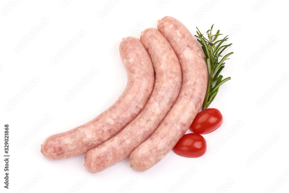 Sausages for frying, grill pork sausages, isolated on white background Sausages for frying, grill pork sausages, isolated on white background