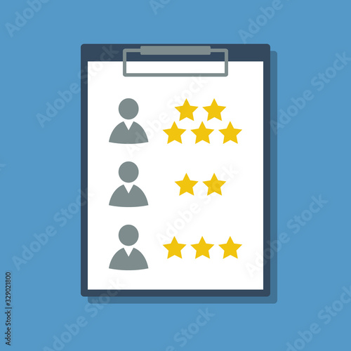 clipboard with star shape rating results, flat vector illustration