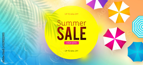 Summer sale poster template. Hot season offer background with beach and ocean. Summer vacation. Umbrellas top viev.