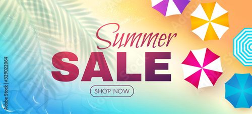 Summer sale poster template. Hot season offer background with beach and ocean. Summer vacation. Umbrellas top viev.