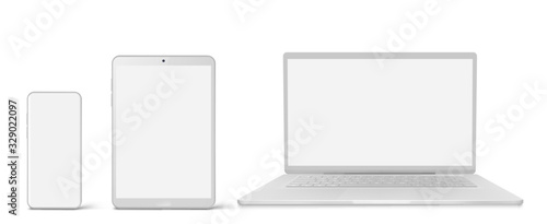 White laptop, tablet and phone with blank screen in front view. Vector realistic mockup of modern digital devices, notebook, smartphone and multi touch tablet isolated on white background