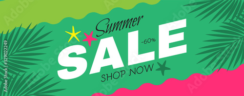 Summer sale poster template. Hot season offer background with palm leaves.