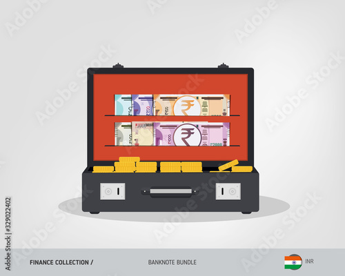 Indian Rupee banknotes set. Suitcase staffed by Indian Rupee banknotes and coins. Leather suitcase with cash. lat vector illustration on the topic of finance.
