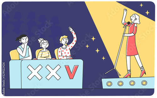 Girl signing at talent show flat vector illustration. Future celebrity singer standing on scene or stage in front of jury. Competition and television contest concept