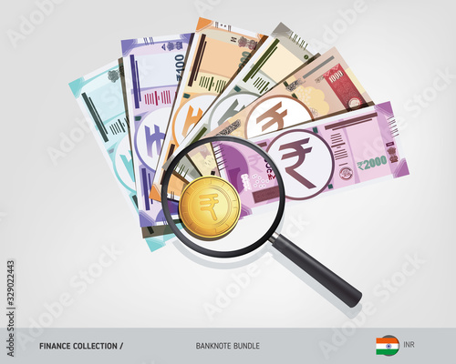 Indian Rupee banknotes set with magnifying glass. Search or check financial stability. Flat style vector illustration. 